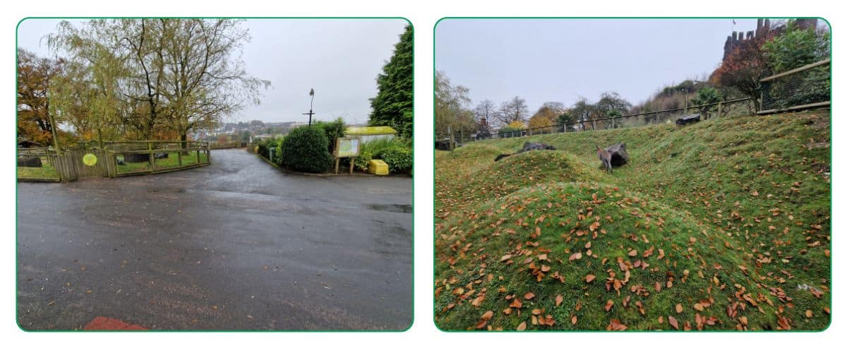 two images, one of a road that runs between two play area zones and the other of a sloped field with rocks at Dudley zoo