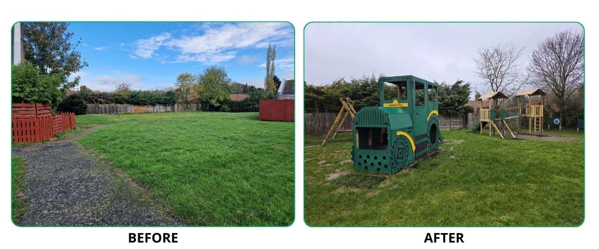 This image shows the before and after of the project at Denton Parish Council, designed and installed by Creative Play