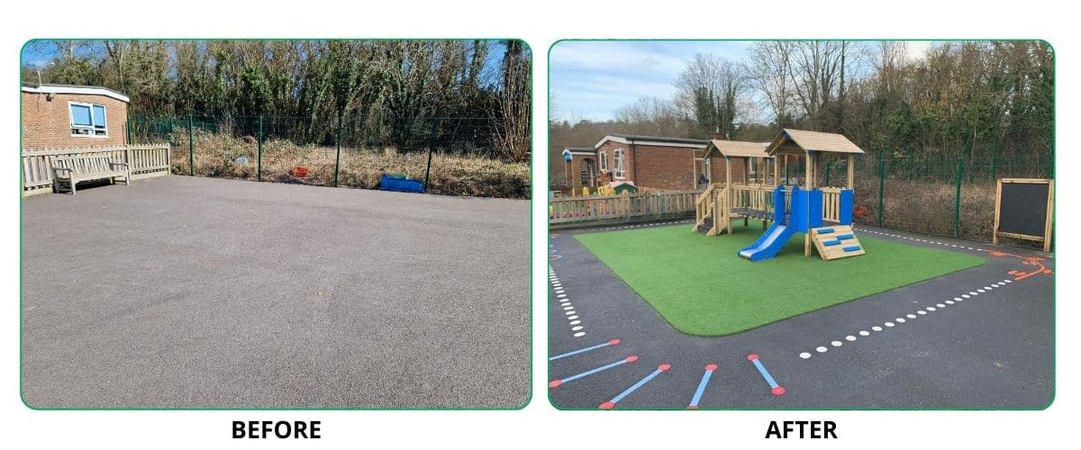 This image showcases the before-and-after transformation of the playground at Marden Lodge Primary School. 