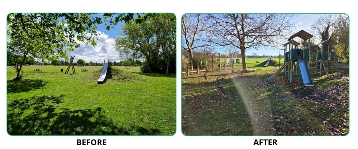Collage of images from before Creative Play installed a new playground in Stewartby in Bedfordshire, United Kingdom