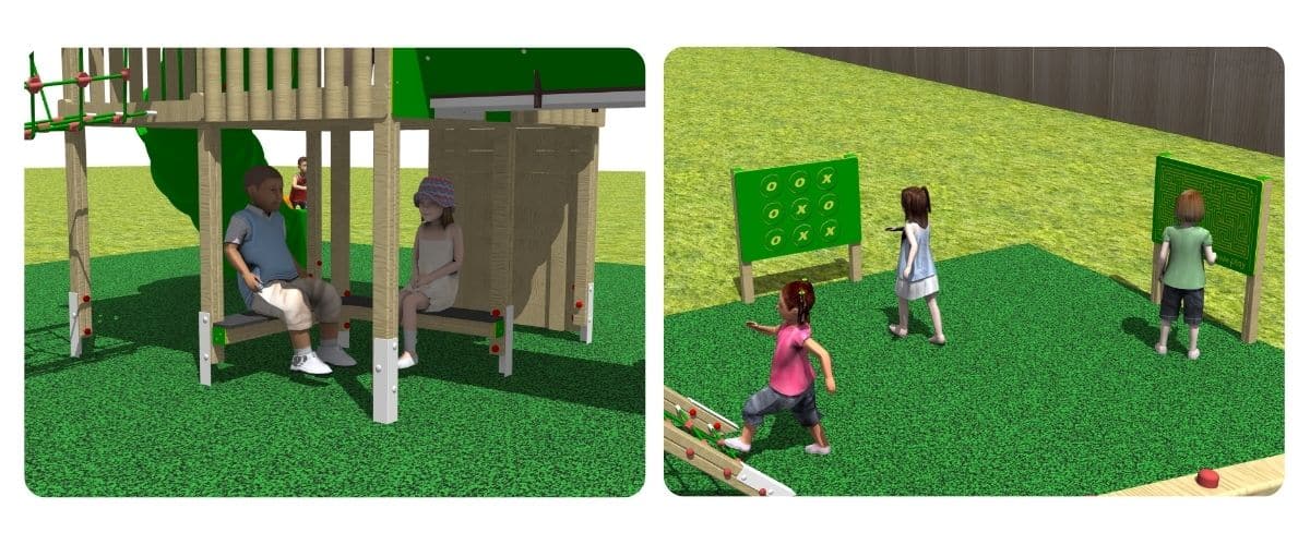 Two images of designs for a playground, one of play panels the other of seating under a tower