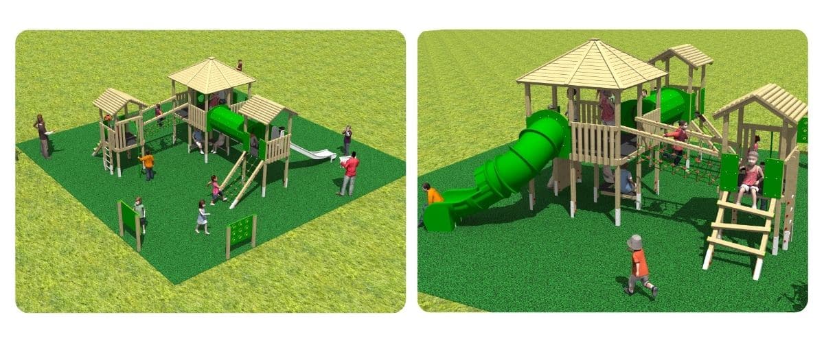 Two images, both of a three tower timber play structure design from different angles