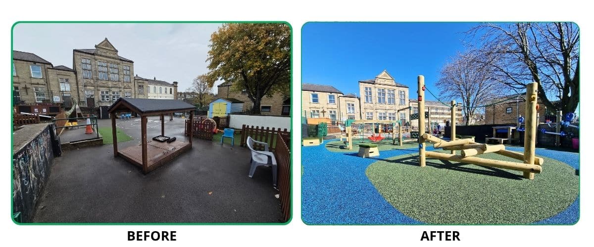 This image shows the before and after of the playground project at Birstall Primary Academy in West Yorkshire