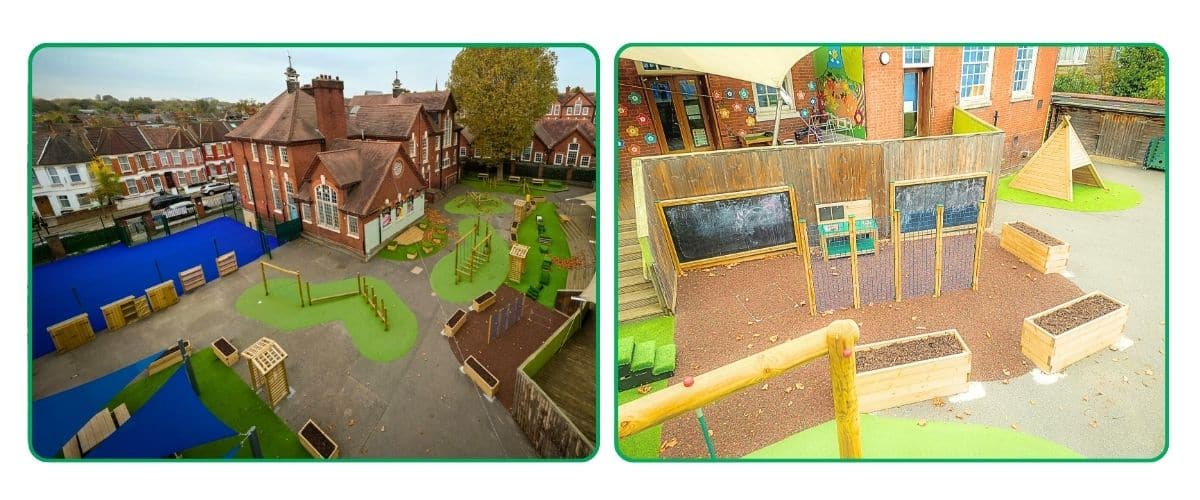 Two images showing the layout of timber play products at South Harringay School
