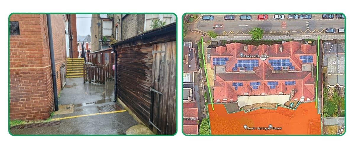 Two images, one showing access restrictions of a gate area, the other showing access to the school from a satellite shot