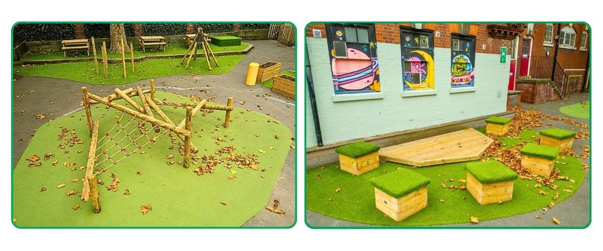 Two images, one of a small jungle climber on green surfacing, the other of a stage and box seating topped by artificial grass