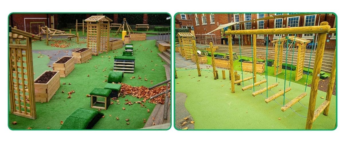 Two images, one of grass-topped trim trail items and planters, the other of a log walk bridge, all items in a school playground