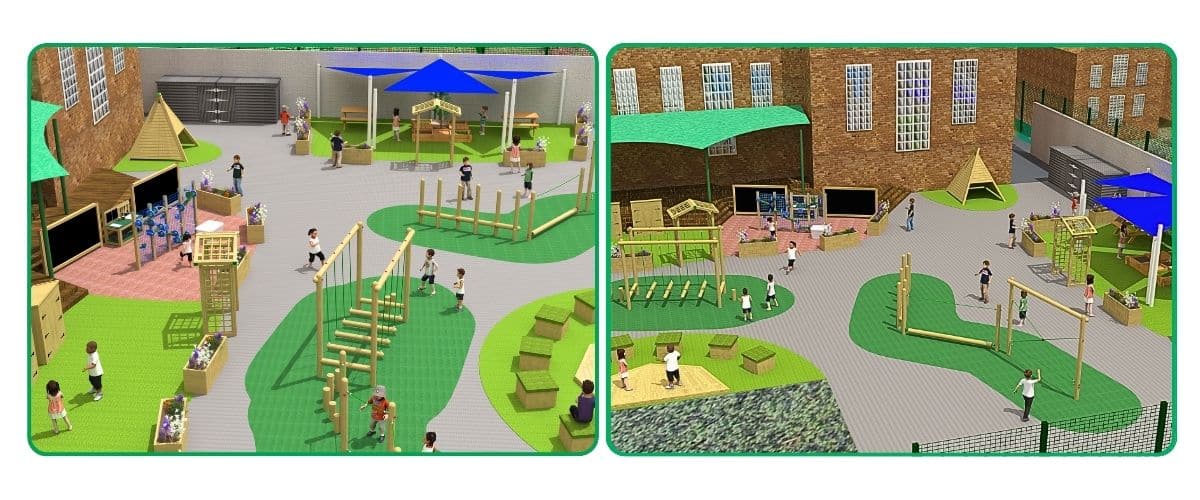 Two images of 3d designs of play equipment layout for south harringay school