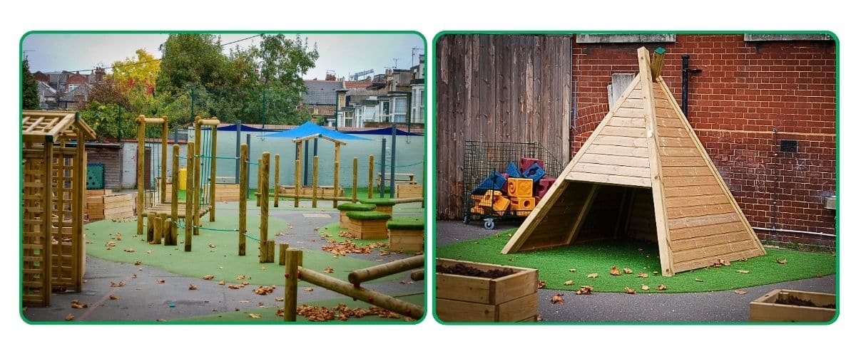 Two images, one of a timber teepee and the other an overview of various timber equipment at a school playground