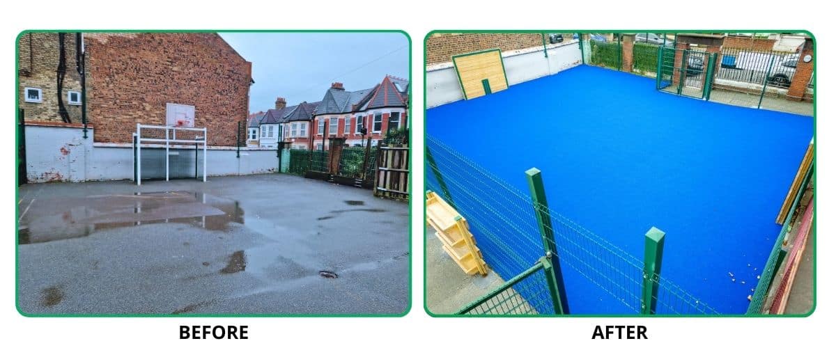 Before and after images of South Harringay school sports area, once a grey space, now a bright blue wet pour area