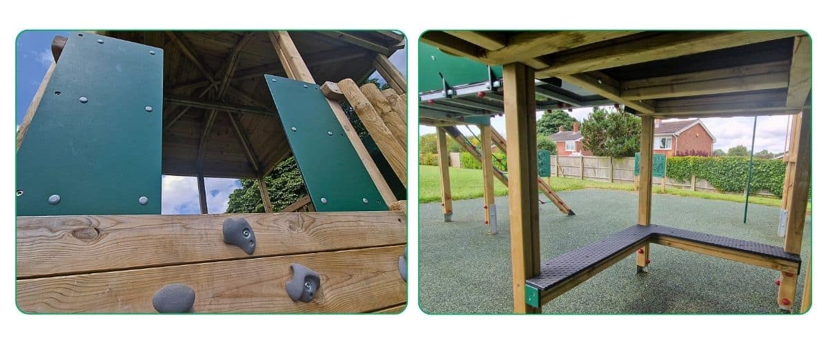 Two images, one of seating under a timber play tower, the other of a close up of an entry point on the tower above a climbing structure