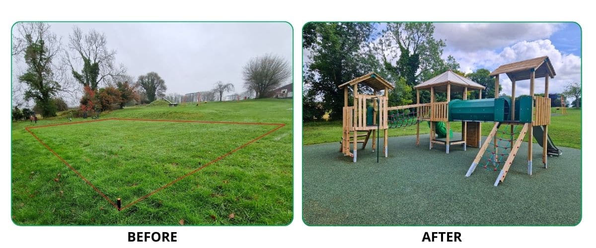 Before and after images of a timber tower playground system and the grassy field that preceded it