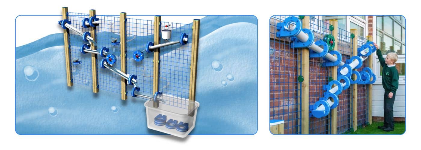 Two images, one of a water wall design, the other of a boy in school uniform playing with one