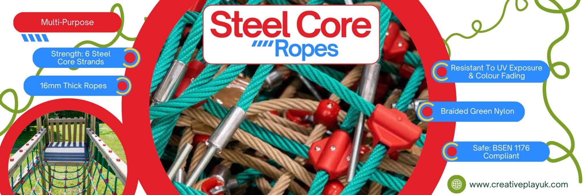Infographic about the steel core nylon ropes used by Creative Play in their construction of outdoor playground equipment.