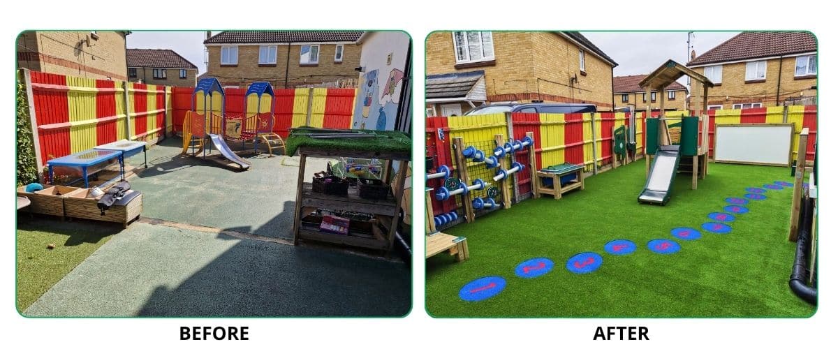 This image shows the before and after of the Crib Day Nursery playground area in London
