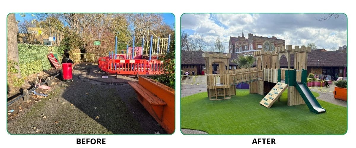 This image shows the before and after of the playground project at Sacred Heart RC Primary School in London