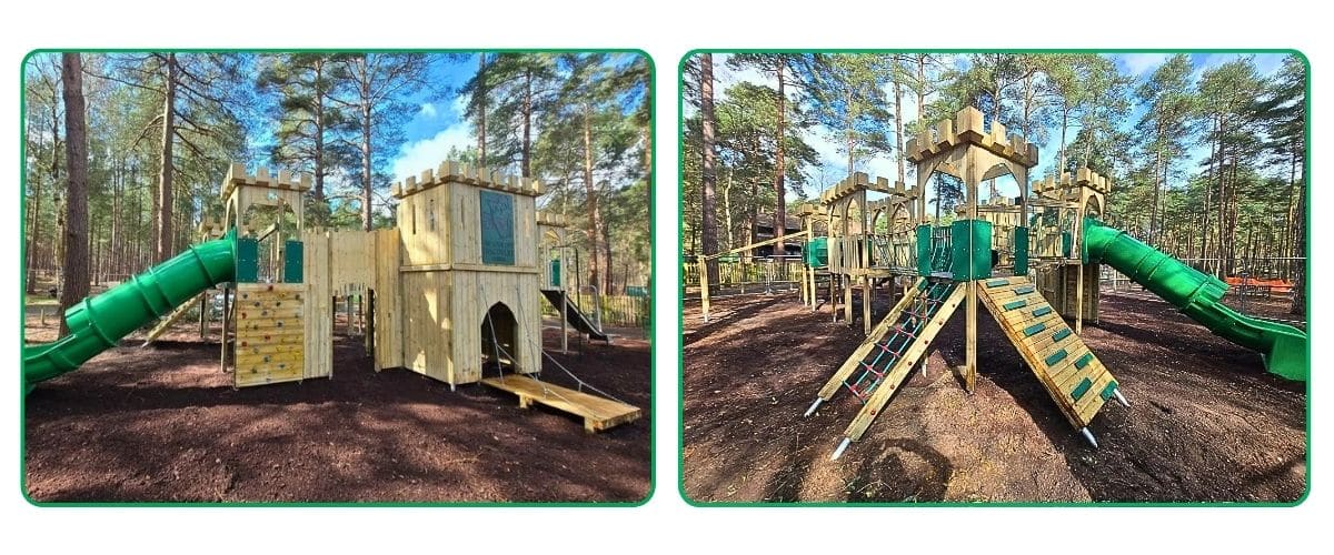 Two images of a timber play castle in a wooded area. This castle features a green plastic tube slide, drawbridge, climbing net and turrets.