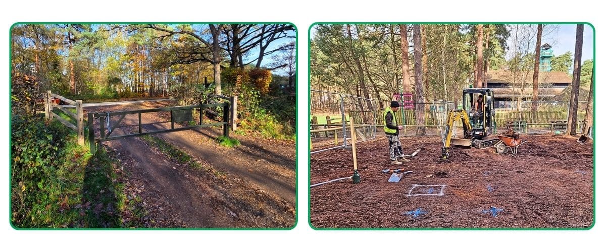 Two images, one of a closed metal gate in a wooded area, the other of workmen and a small digger in the woods
