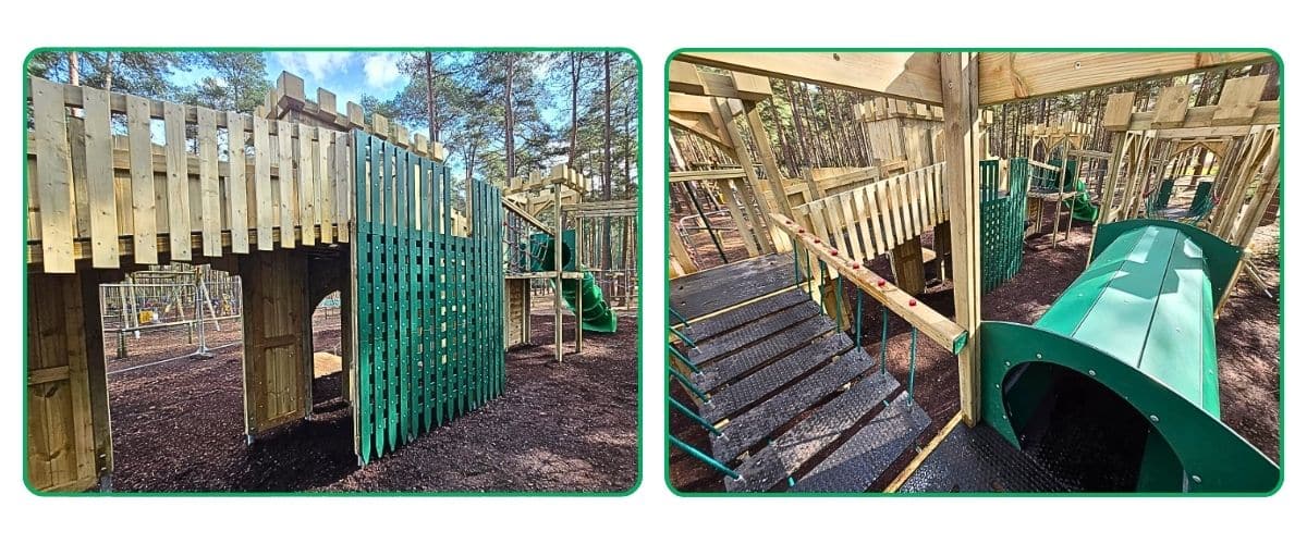 Two images depicting the insides of a large timber play castle situated in the woods, elements include walkways and a big green plastic tube
