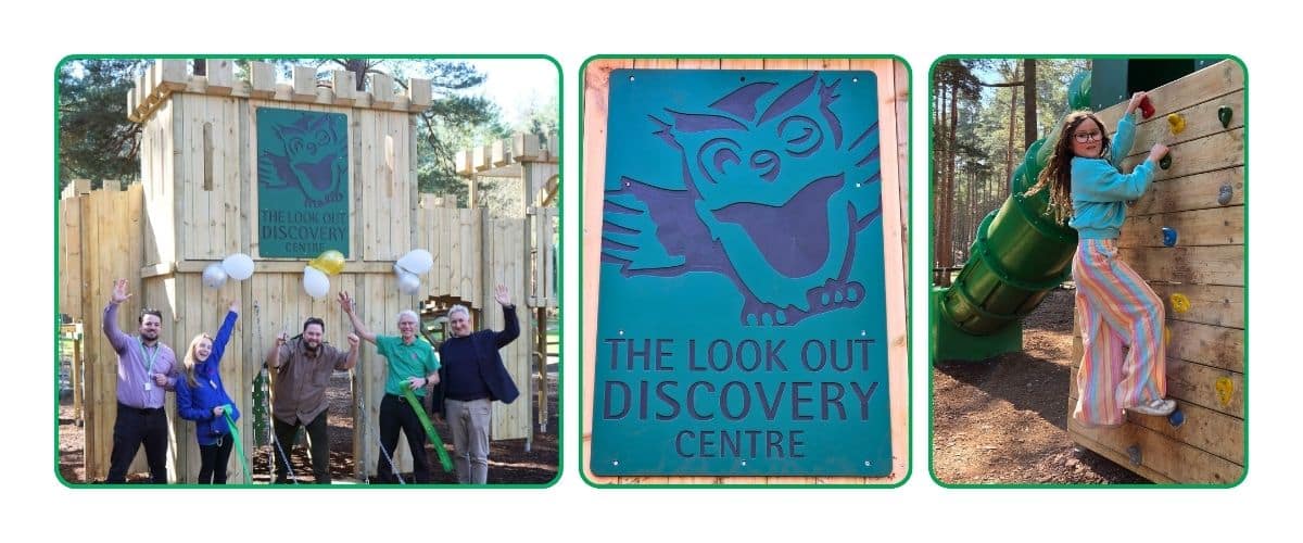 Three images, Look Out Discovery's mascot Eric The Owl plaque close-up, finished product on front of the timber play castle with balloons and staff posing for a celebration shot, image of girl climbing side of the castle
