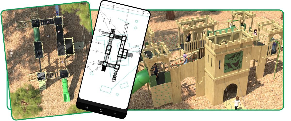 Collage of design render of timber castle, a technical sketch of it on a mobile phone, and an overhead view of the completed play castle