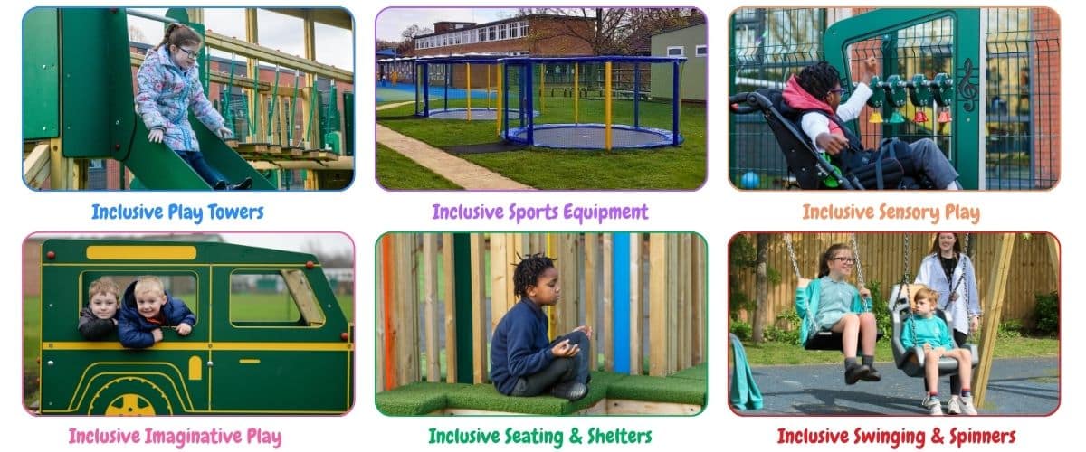 This image shows the inclusive playground equipment range offered by Creative Play