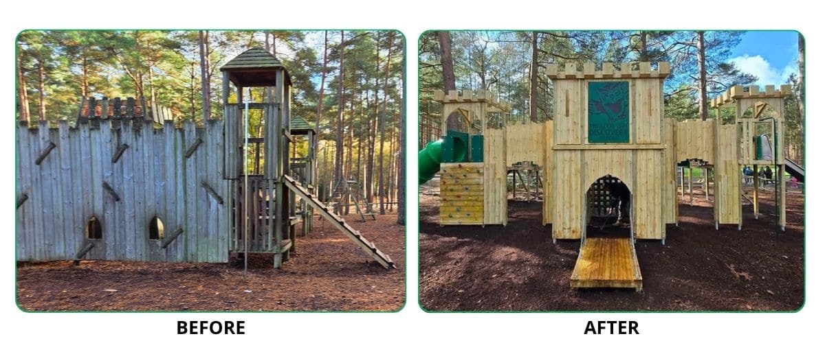 Before and after images of an old and new timber play castles at The Look Out Discovery Centre