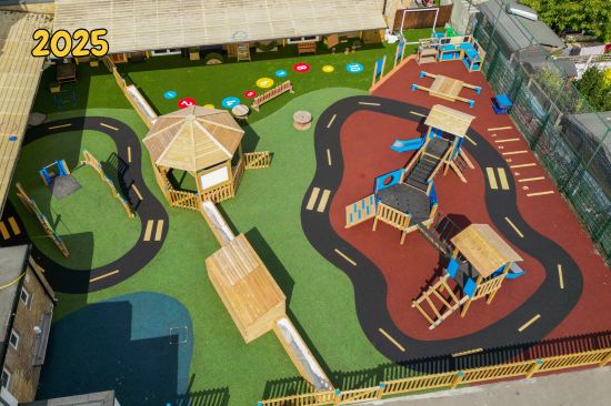This image shows a ariel drone footage of a completed playground project in London