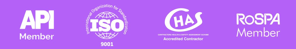 This image shows the four different accreditations we have at Creative Play (purple background). API Members, ISO9001, CHAS accredited Contractor and RoSPA Member