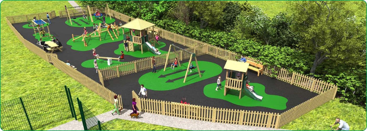 3D Render of fenced playground design - all timber equipment on wet pour surfacing with a smaller area fenced off for younger kids