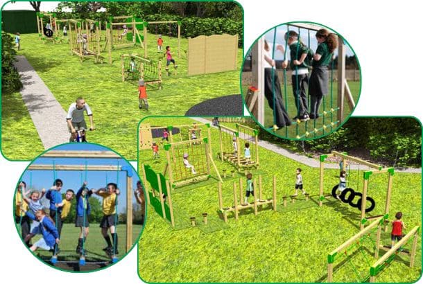 Collage of 3D renderings of trim trail items plus images of children using the equipment