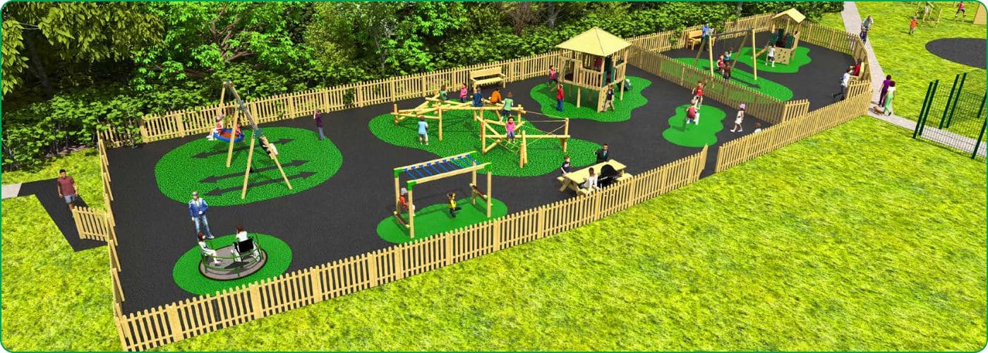 3D Rendering of Family Playground Area featuring timber play tower, above head ladder and other items set on wet pour surfacing
