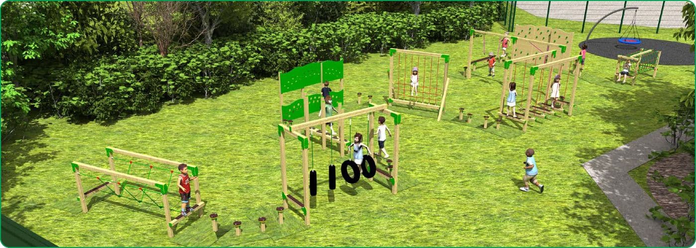 3D Rendering of a trim trail set on grass with cartoon children for scale