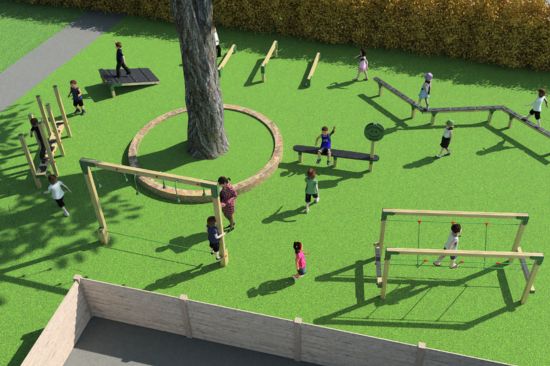 This image shows a 3D model of a playground project in the UK 
