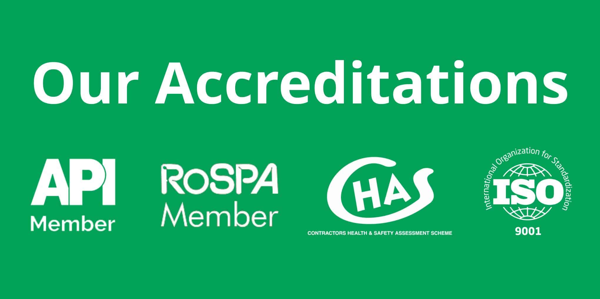 This image shows the accreditations of Creative Play Ltd. from the API, RoSPA, CHAS and ISO 9001