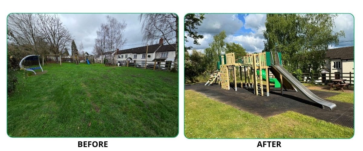This image shows the before and after of Uffculme Parish Council playground transformation
