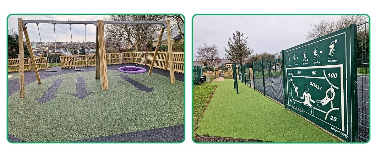 Two images, one of a double swing made of timber on a wet pour surface featuring arrows, another image which is a green playtec board for sports practice mounted on a green mesh fence