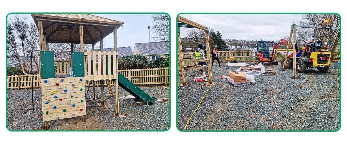 Two images of installation of a playground, one of a timber play tower on unfinished groundwork, another of a building site with digger