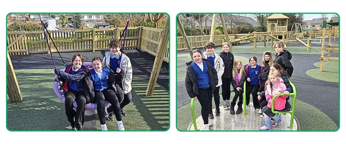 Two images, one of children sharing a basket swing, the other of a group of kids posing for the camera in front of a new timber playground area
