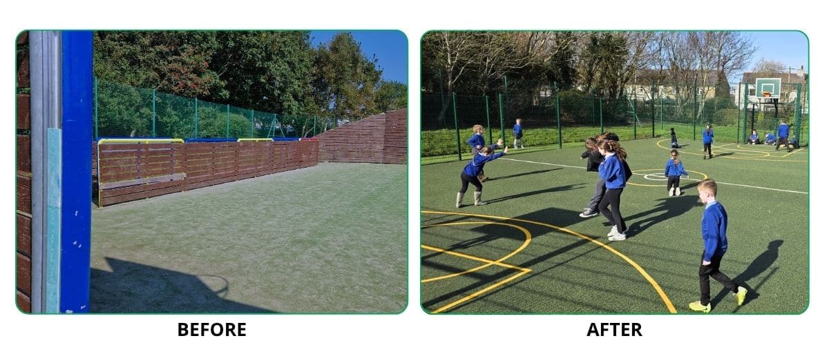 Before and after images of MUGA in Cemaes Bay, the first of old layout, the second of new surfacing, fencing and ground lines with children playing football on it