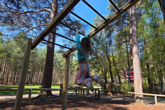 This image shows a young girl swinging from a metal ladder at a local attraction playground
