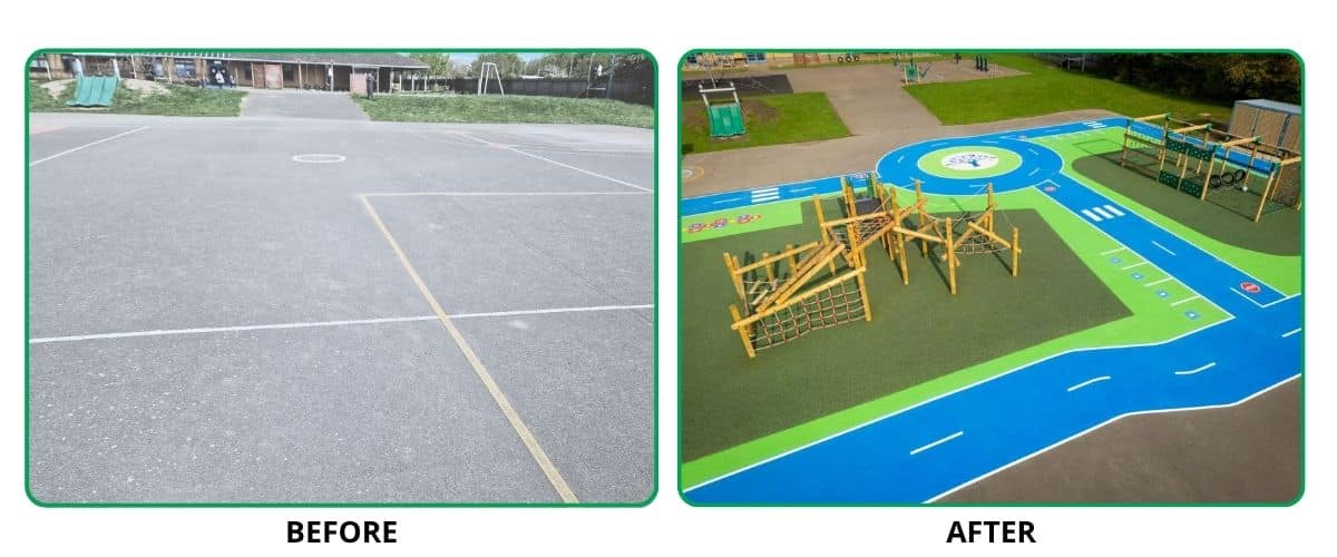 Before and after images of a playground installation, one of a grey yard, the other of a colourful road-themed play space