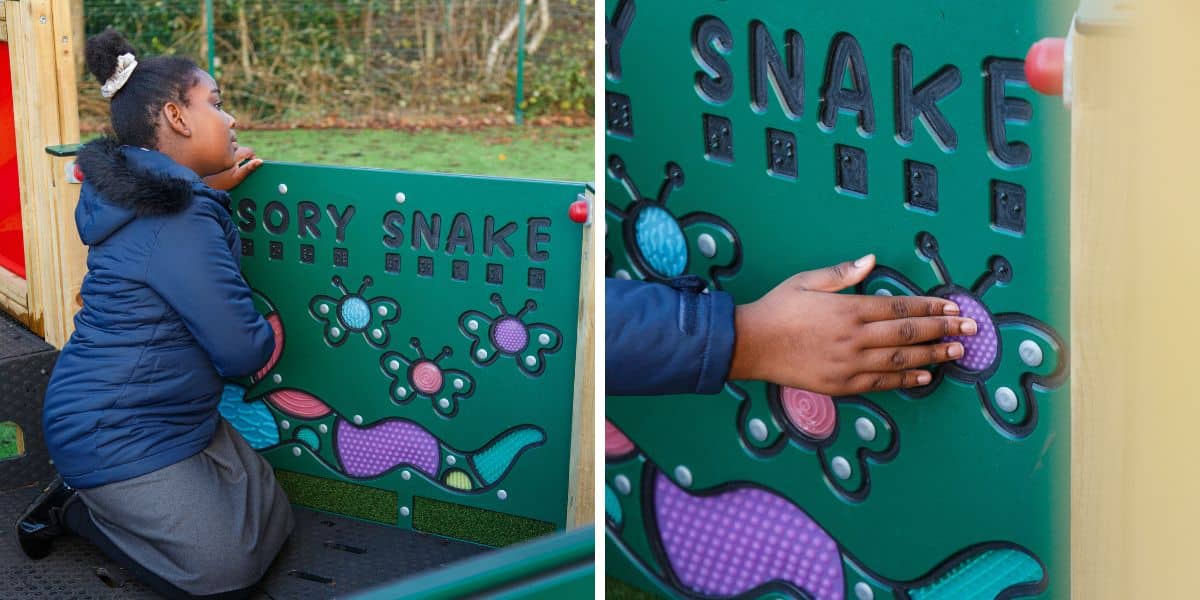 This image shows a female student playing with the sensory snake board