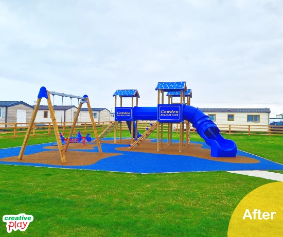 Timber playground predominantly blue in colour