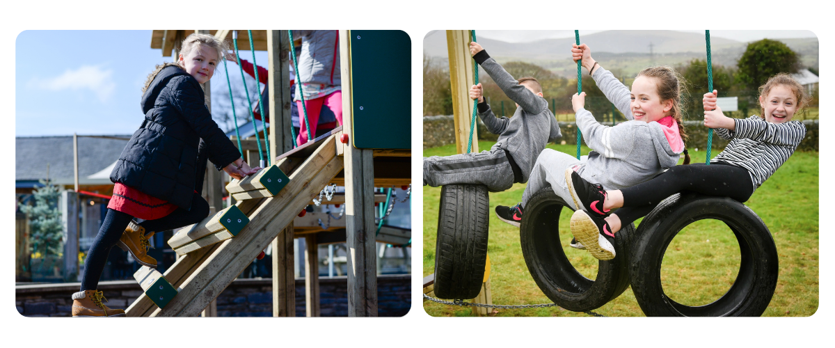 Photo of girl ascending a wooden ladder up a play structure / Photo of three children swinging on tyres