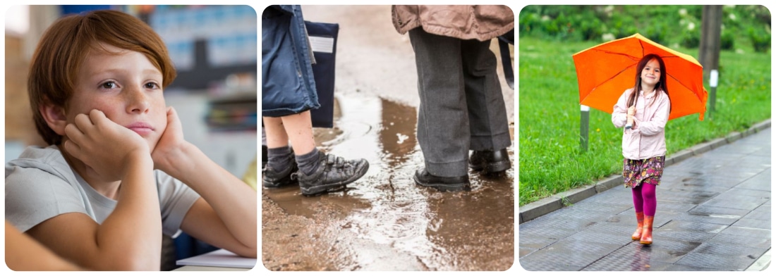Collage of three pics, a boy sad inclass, children in a muddy puddle, and a happy girl holding an orange umbrella