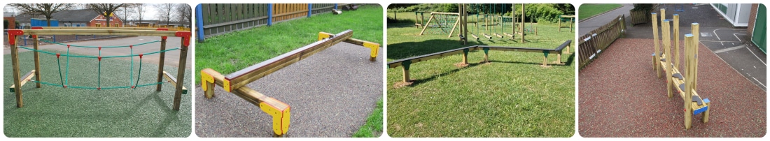 Collage of four pieces of outdoor play equipment which can help children with their balance skills