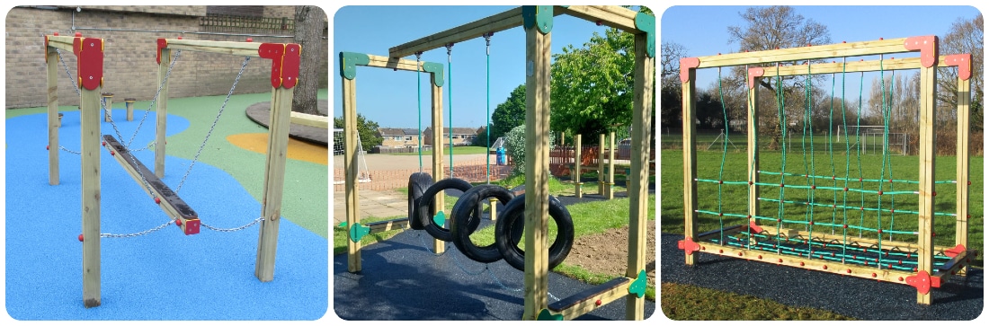 Collage of three pieces of outdoor play equipment which offers a greater challenge for balance