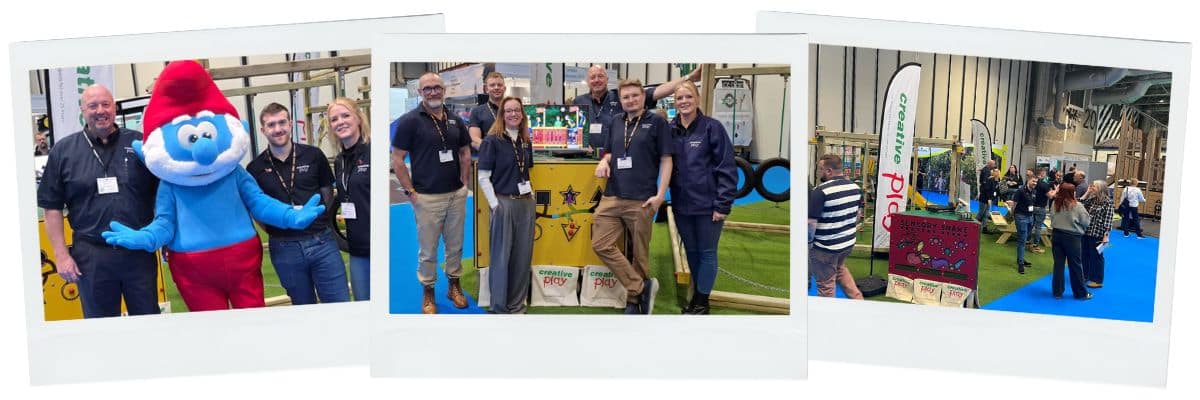 3 picture collage of people attending a trade show, posing in front of outdoor play equipment