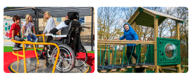 Photo of a wheelchair accessible roundabout with 4 children on it / Photo of a boy in a blue coat and blue headphones crossing a clatterbridge
